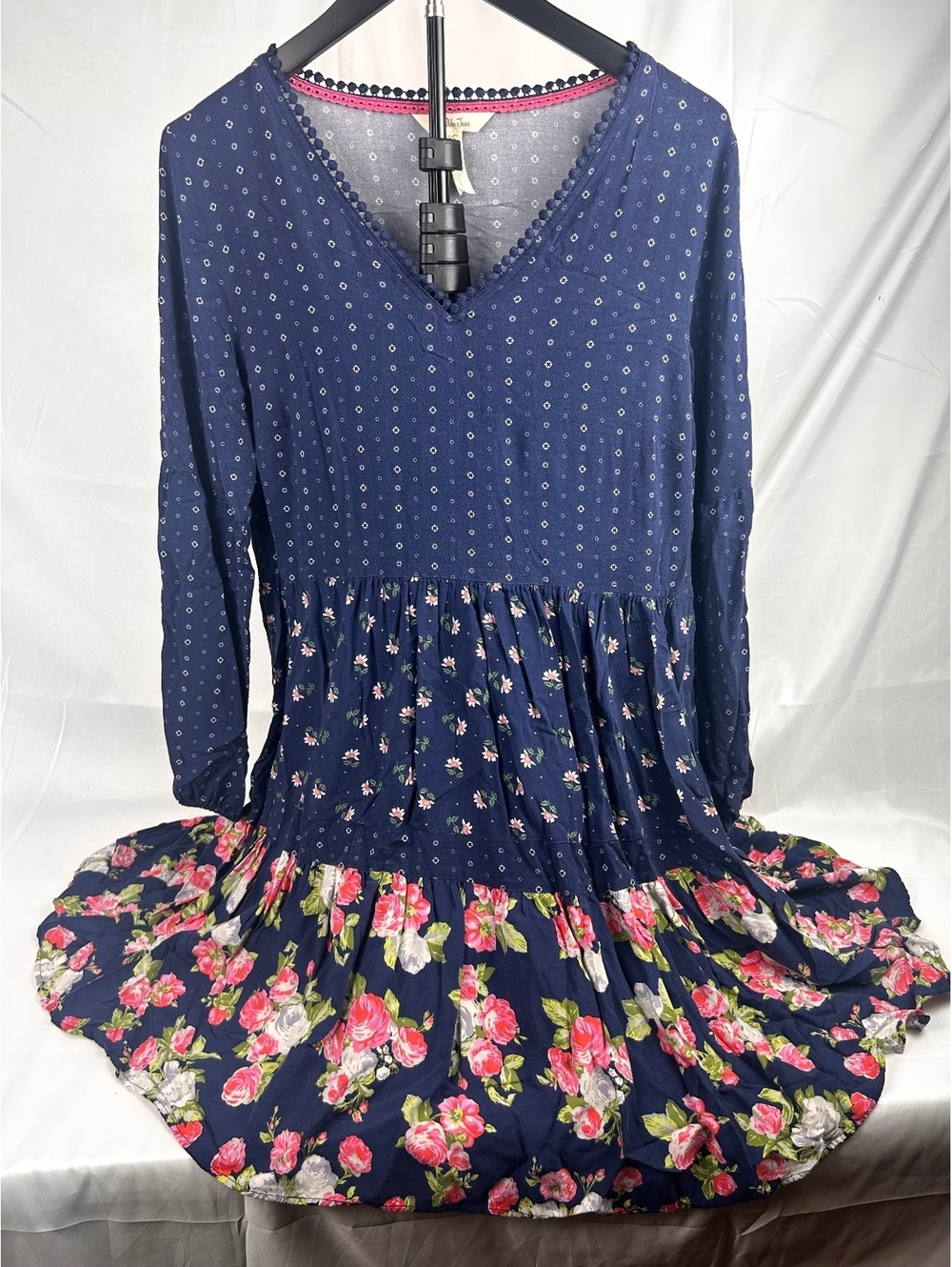 Matilda Jane girls Medium Navy Blue Floral Tiered Dress with Long Sleeves andV